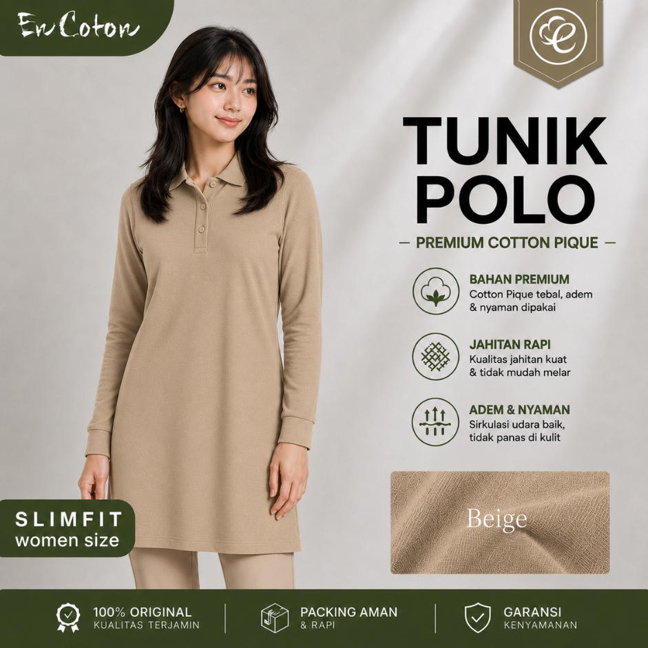 Kaos Kerah Polo TUNIK Wanita Cewek BEIGE CREAM COKLAT Premium Tangan Lengan Panjang Slimfit (model T