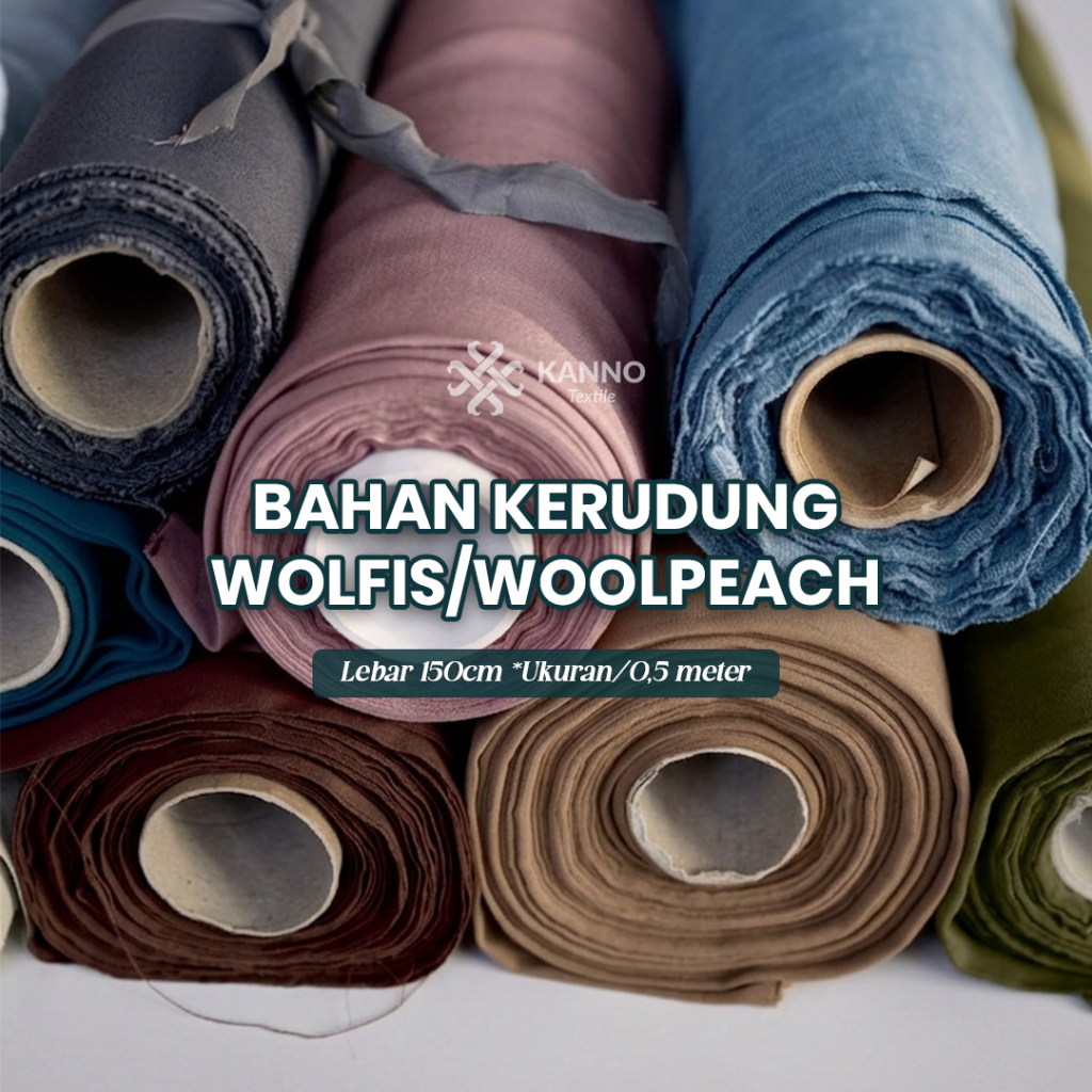 Kain Wolpeach/Wolfis Kanno Textile Meteran Lebar 150cm Kain Bahan Kerudung Seragam Instansi, Sekolah