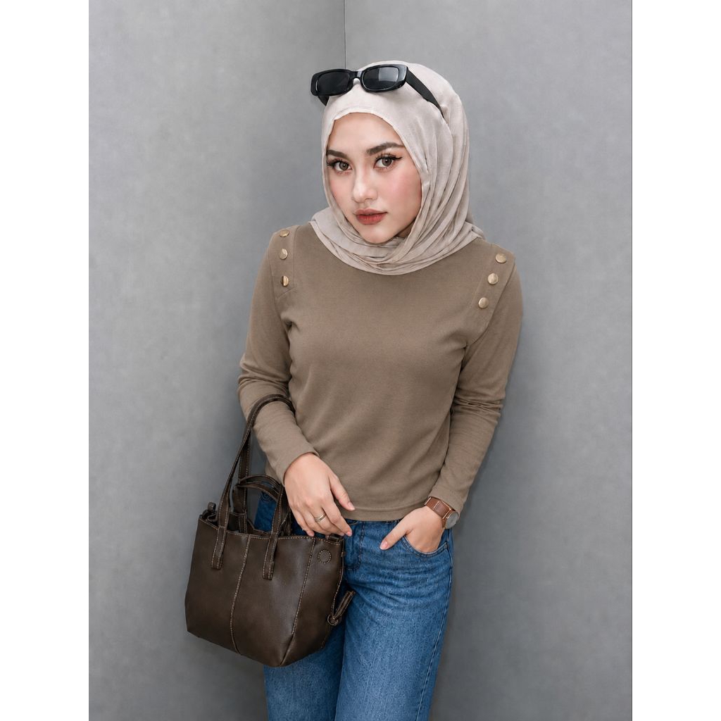 Zyra Knit Premium Long Sleeve Wanita Basic Korean Top Lengan Panjang Kancing Bahu Casual Fashion Tee