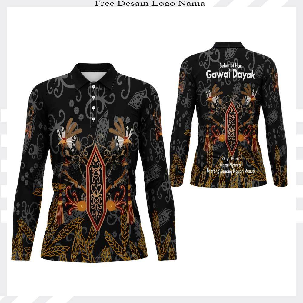 Kaos Polo Tradisional Batik - Baju Tunik Wanita Dayak Kalimantan Motif Gawai Jersey