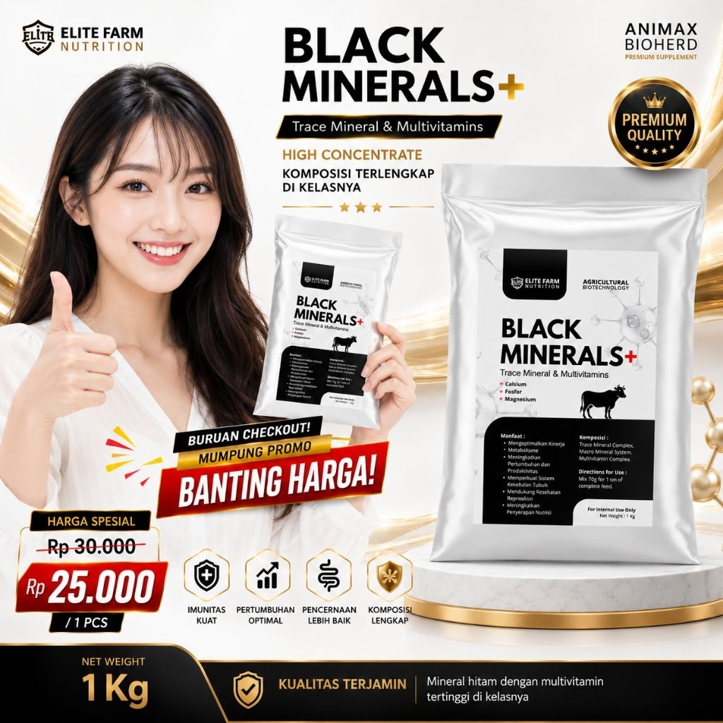 Mineral Hitam + | Black Minerals + | Mineral hitam dengan tambahan Vitamin ADE dan kalsium | Mineral