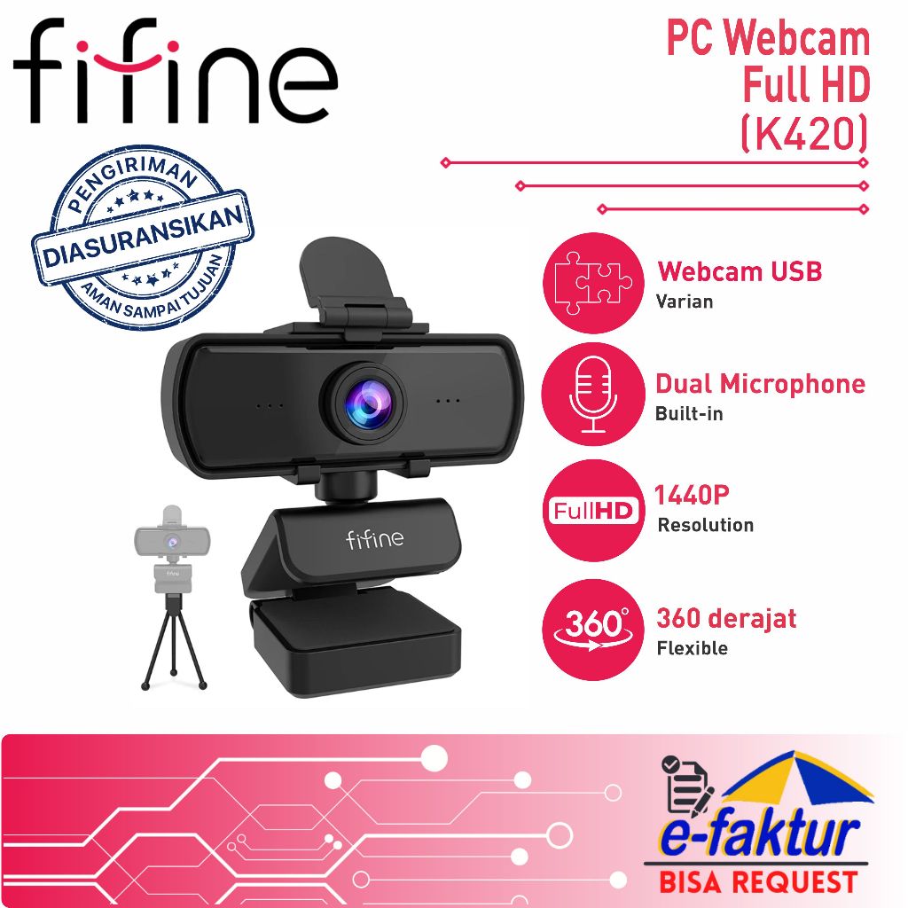 MALLIT FIFINE K420 2K 1440P 4MP HD Webcam USB Laptop Streaming Noise Cancelling Microphone Privacy S
