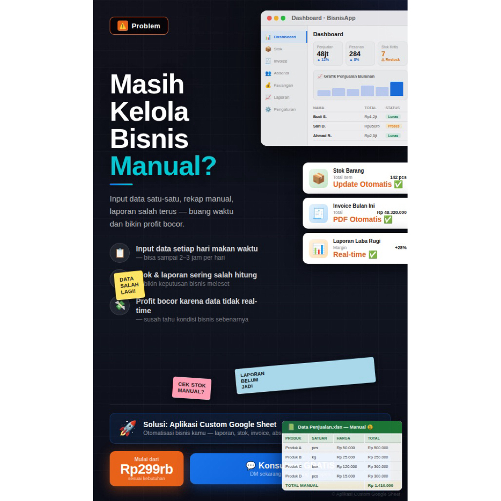Jasa Aplikasi Custom Google Sheet - Otomatisasi Bisnis UMKM Laporan Invoice Stok