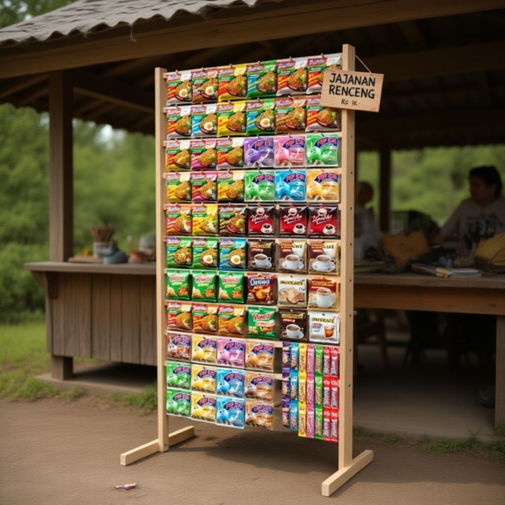 RAK STAND HANGER BERDIRI TEGAK TEMPAT MENYIMPAN JAJANAN WARUNG RAK SERBAGUNA TERBUAT DARI KAYU ESTET