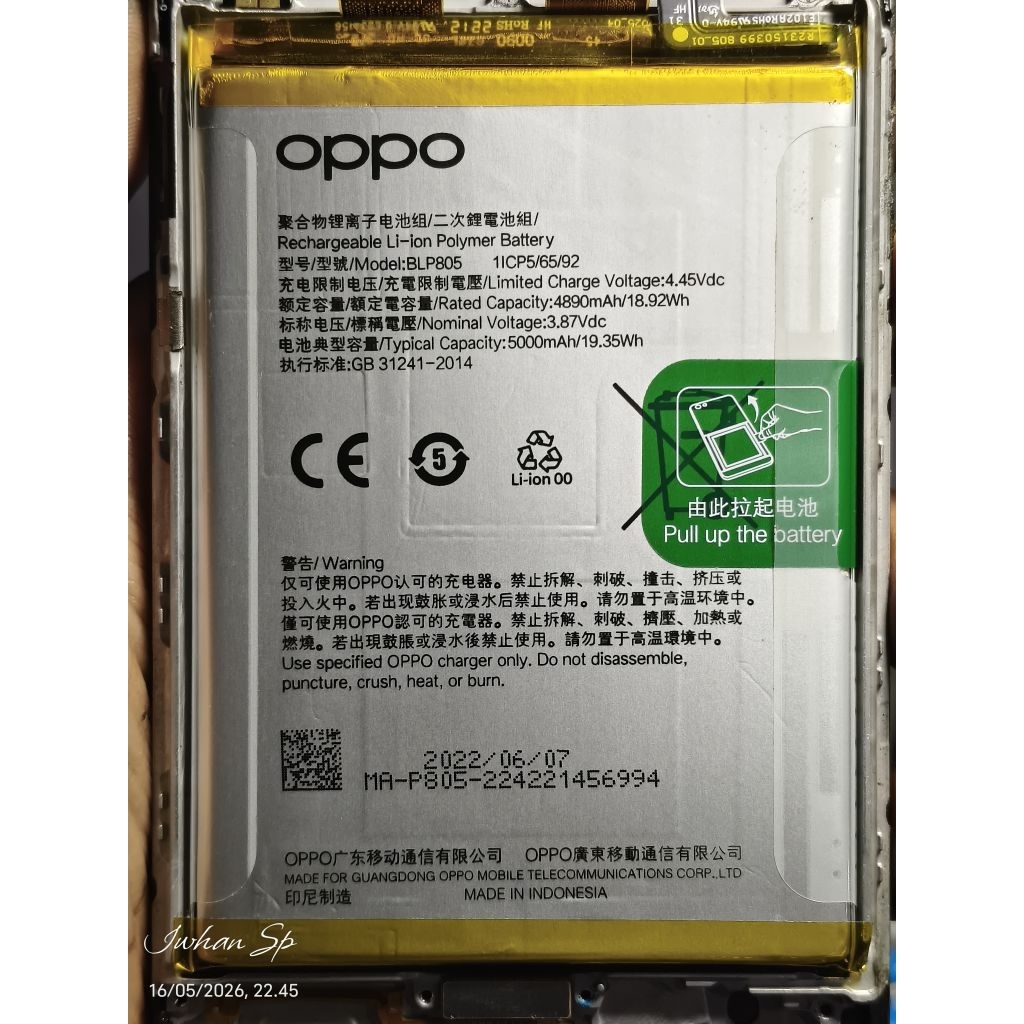 BLP 805 Batrei Oppo A16 Original ( Like New ) Untuk Type HP : Oppo A16/A33/A93/A53/A54