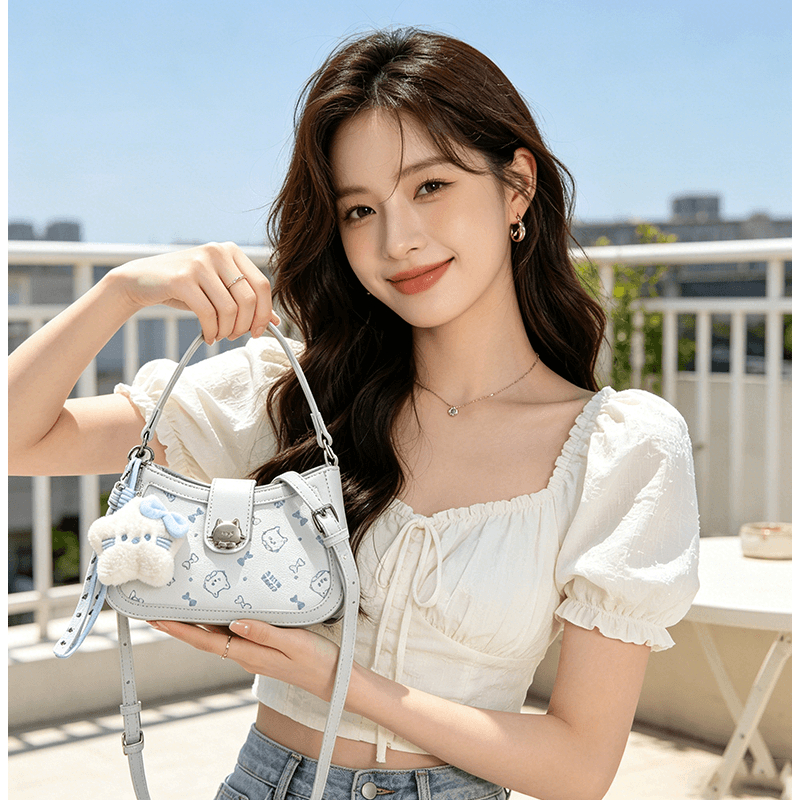 Tas Bahu Wanita Estetik Tas Selempang Mini 2in1 Warna Pink Pastel & Putih Biru Muda Dengan Aksesoris