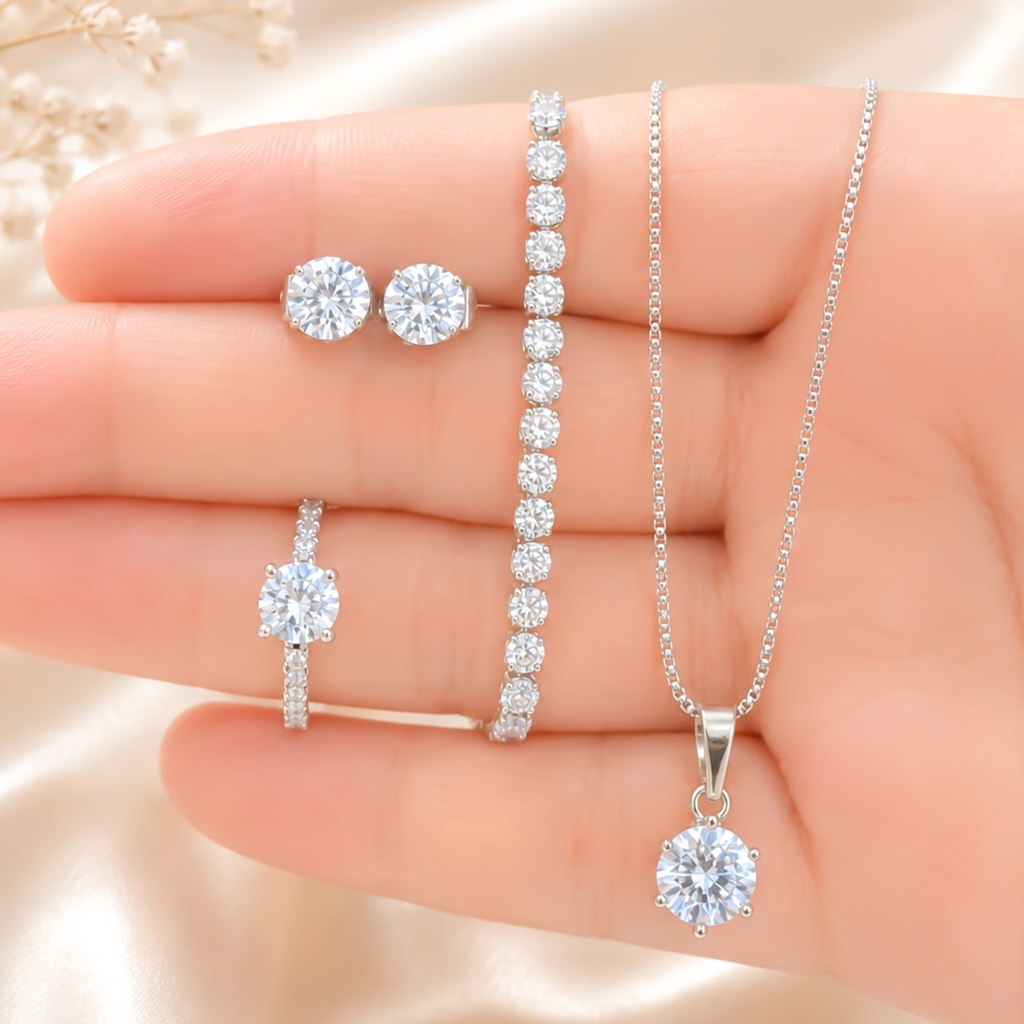 Set Perhiasan Perak Silver Titanium Mata Satu Gelang Serut Mewah Cantik Aksesoris Wanita
