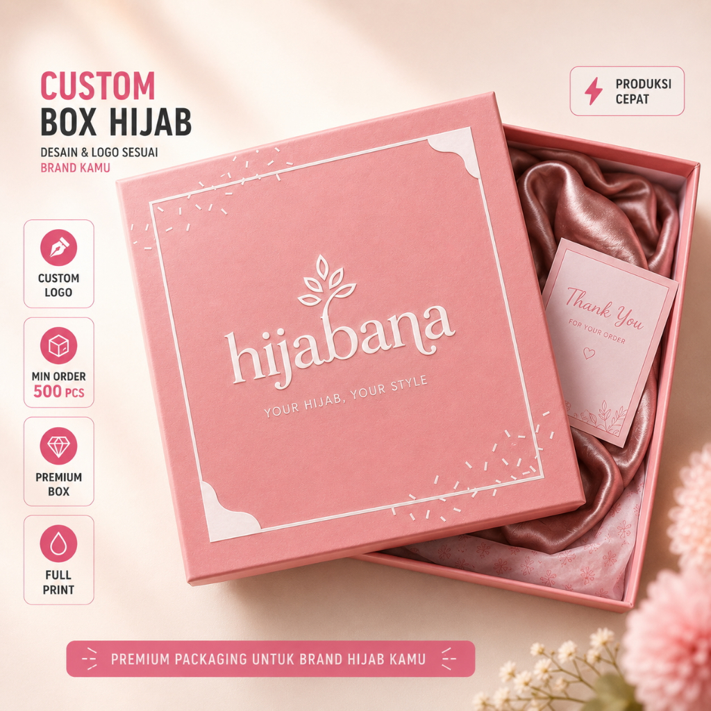 Box Hijab Custom Logo Sendiri Premium Full Print Packaging Hijab Branded Min Order 500 pcs