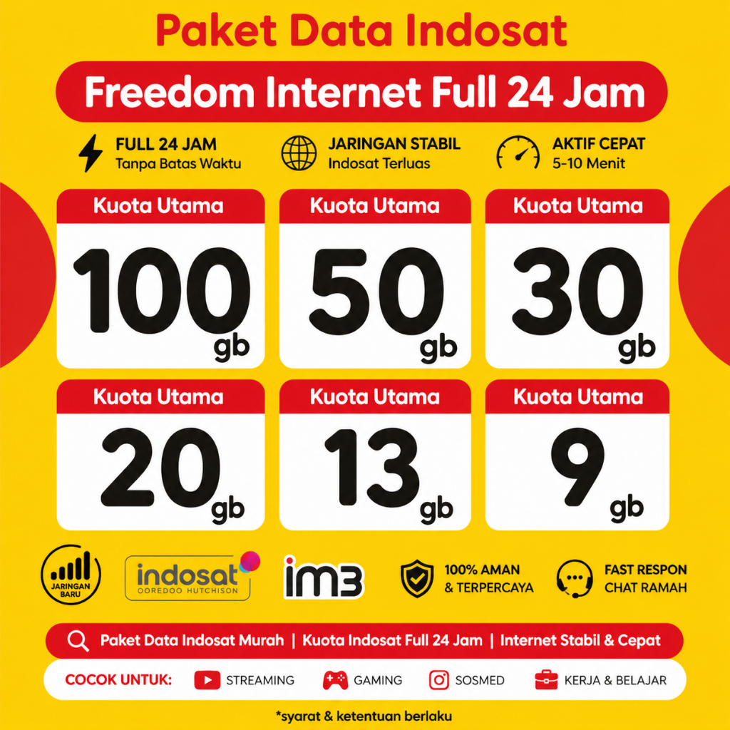 BERGARANSI Kuota Indosat 24 Jam 9GB – 100GB | Paket FREEDOM Internet IM3 | Langsung Aktif