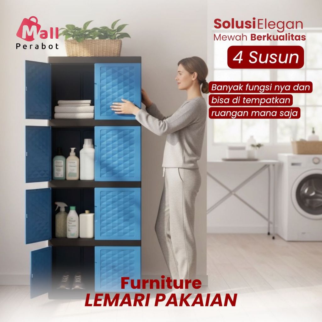 Mall Perabot | Lemari Pakaian Susun Wardrobe Diamond Plastik Persegi | Rak Baju Tingkat Jumbo Pintu 