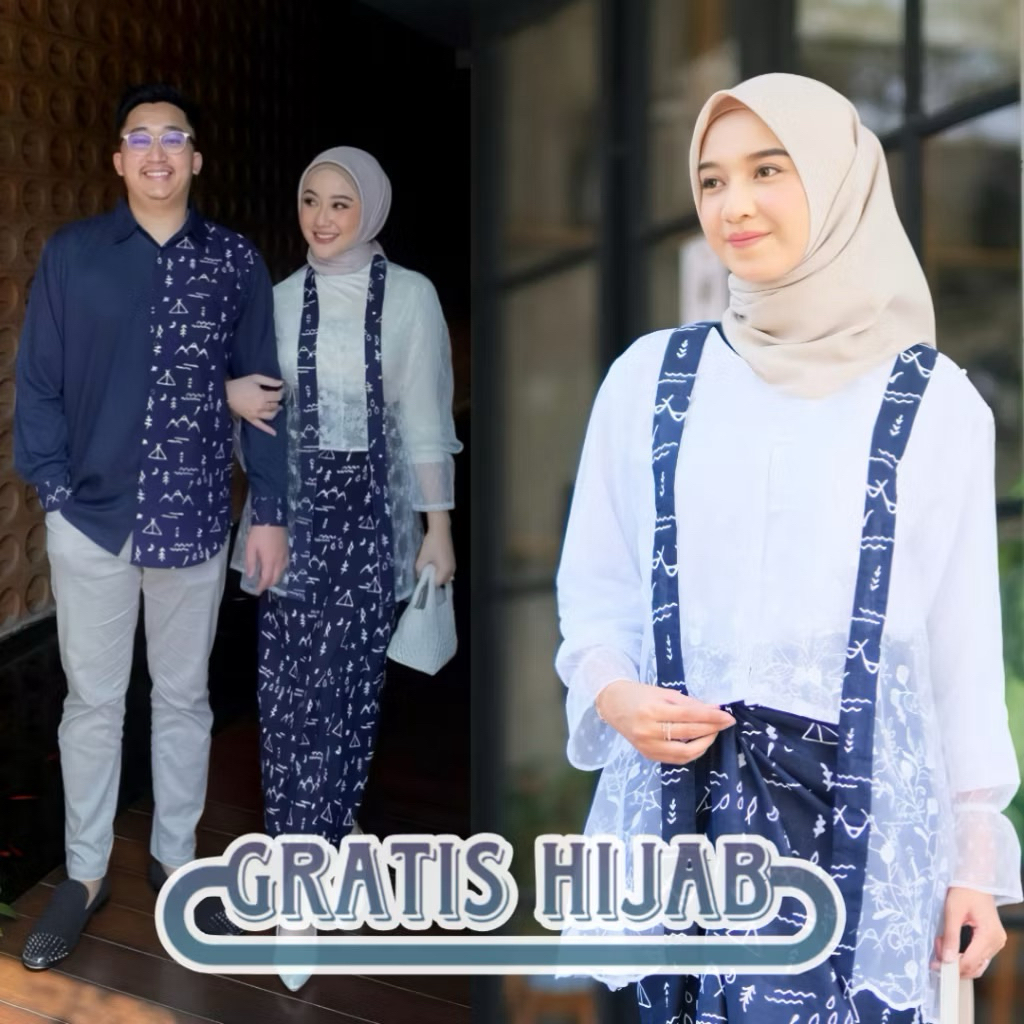 Set Couple Batik Navy Modern – Atasan Pria & Kebaya Organza Wanita + Rok Lilit + Hijab