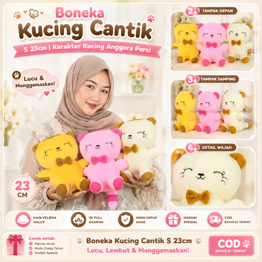 Boneka Kucing Cantik S VELBOA 23cm Karakter Kucing Anggora Persi Lucu Kain Velboa Halus Mainan Anak 