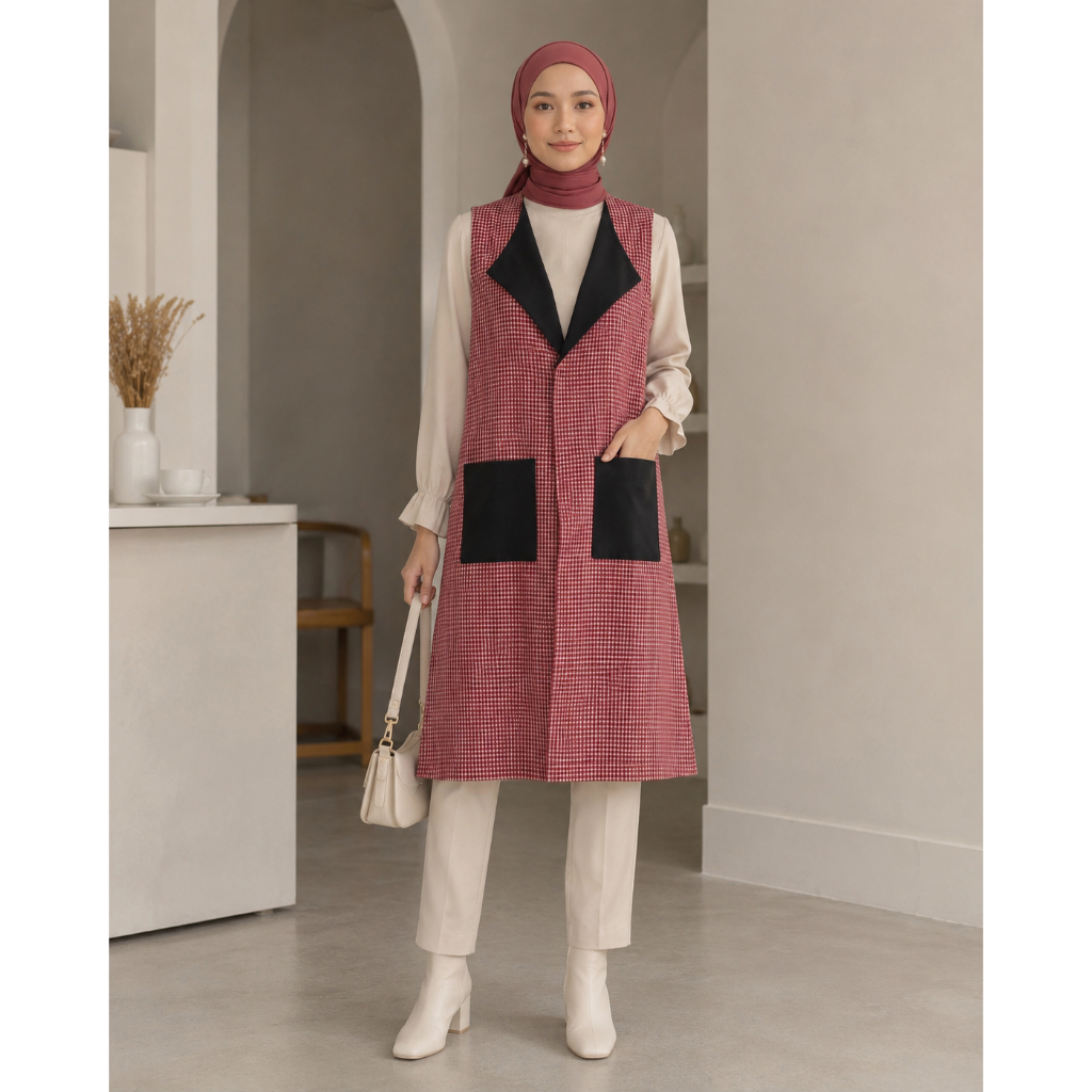 BY TSAÈRA WEAR | Redberry Outer Vest Wanita Premium | Outer Panjang Tanpa Lengan Motif Kotak Merah E