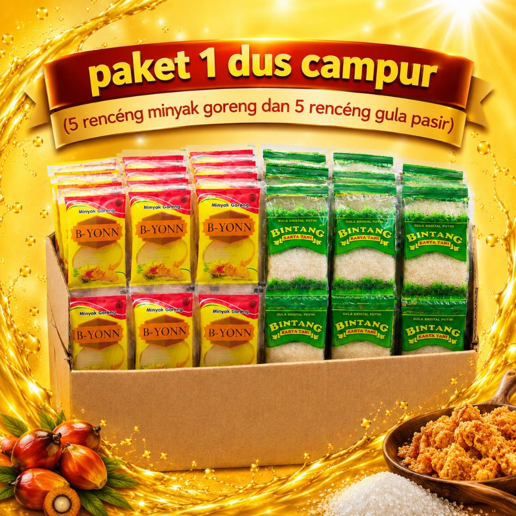 Minyak Goreng Renceng dan Gula Pasir Renceng Paket 1 Dus Campur 5 Renceng Minyak Goreng dan 5 Rencen