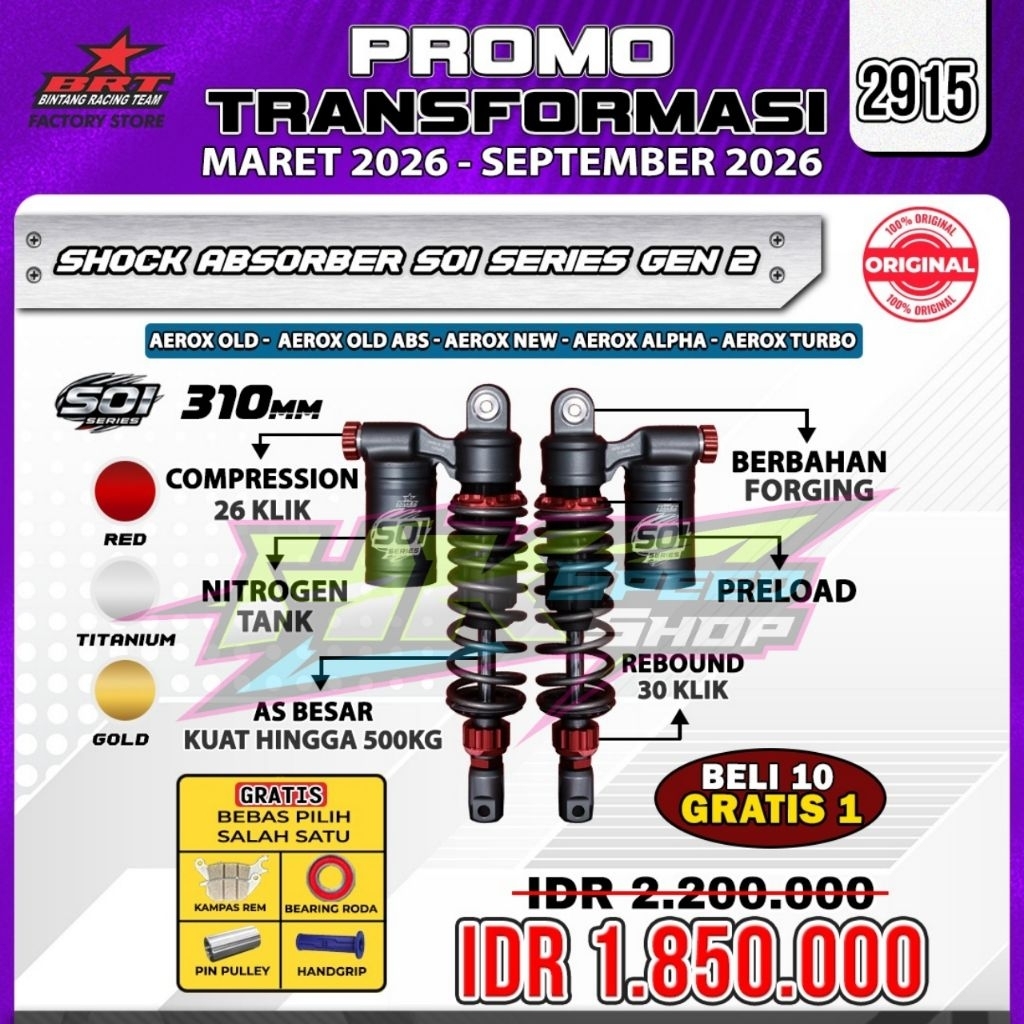 SHOCKBREAKER BRT SHOCK SKOK ABSORBER SOI BRT BELAKANG GEN 2 BRT 310MM AEROX OLD / AEROX NEW / AEROX 