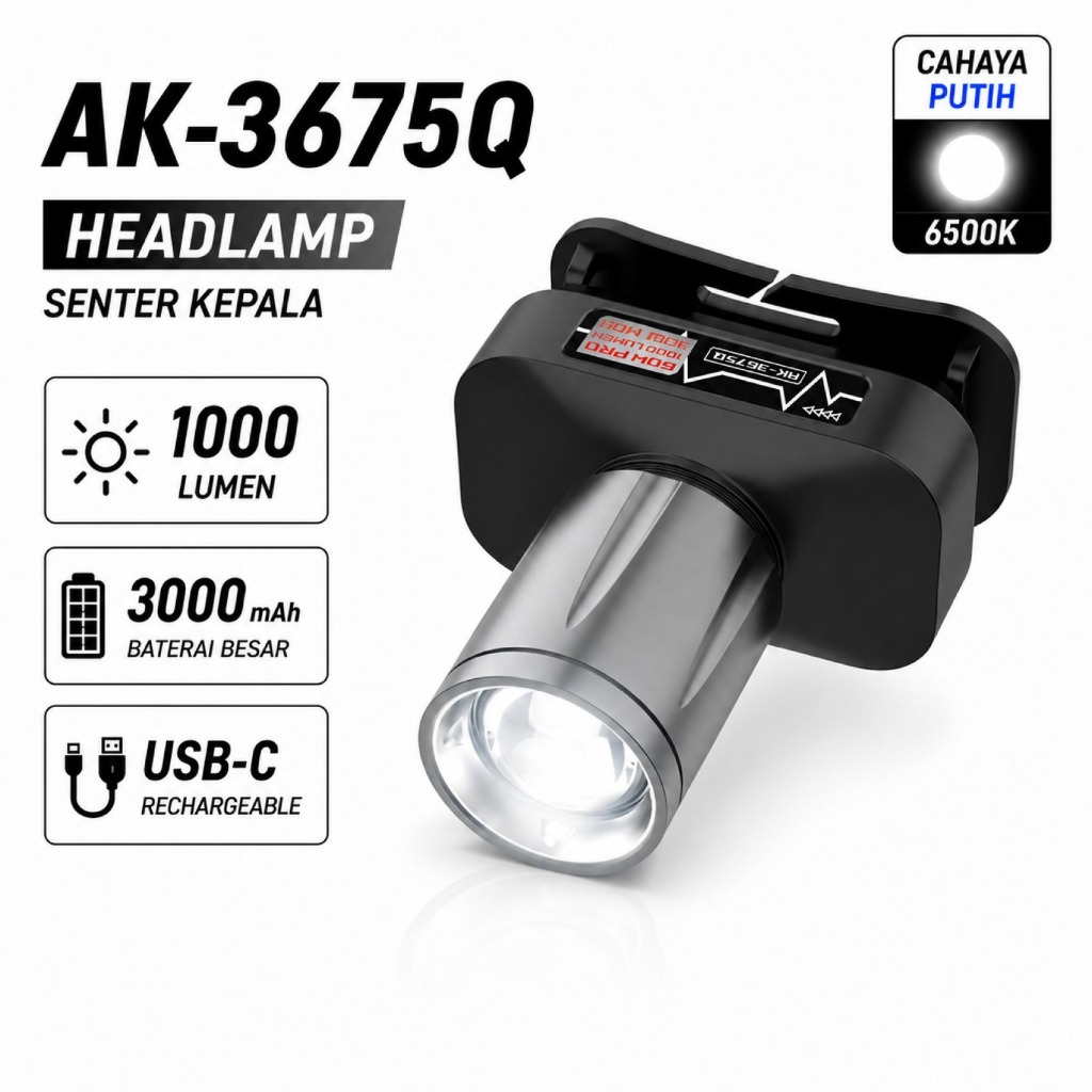 SENTER KEPALA ZOOM AOKI AK-3675Q 60W PRO 1000 LUMEN - TAHAN LAMA - ZOOM JARAK JAUH