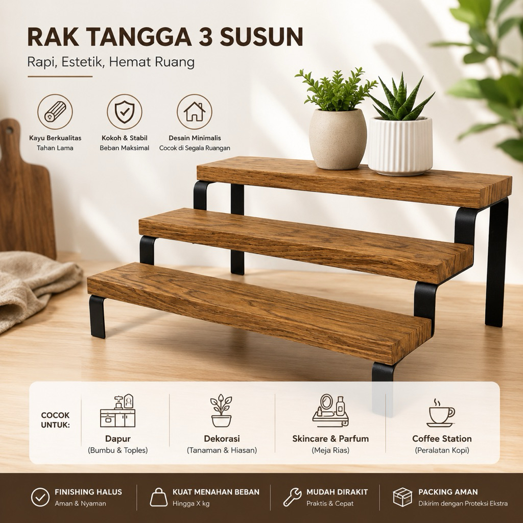 Rak Kosmetik Tiga Susun Minimalis Kayu & Besi – Organizer Skincare Make Up
