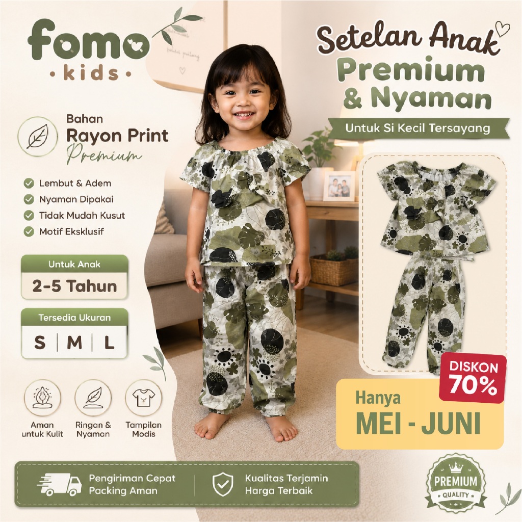 fomo Setelan Piyama Anak Perempuan umur 2-5 tahun bahan Rayon Premium Lembut printing model flora ca