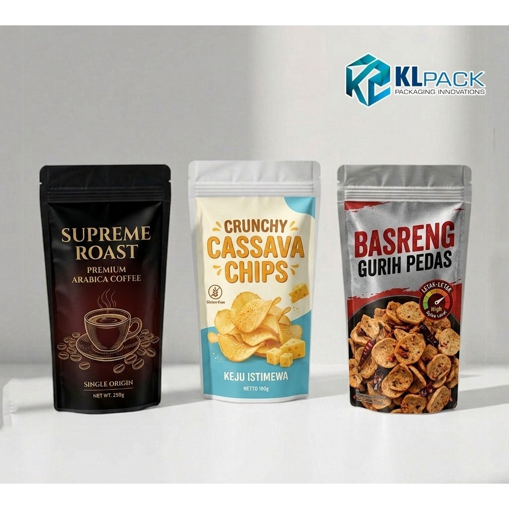 CETAK STANDING POUCH CUSTOM KEMASAN CEMILAN DAN KOPI