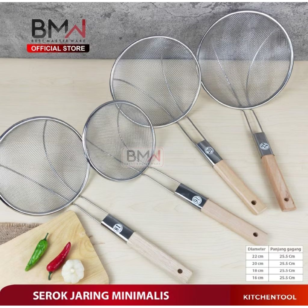 Saringan Goreng Halus Gagang Kayu/ Saringan Minyak Gagang Kayu / Serok Goreng Halus Gagang Kayu 14 c