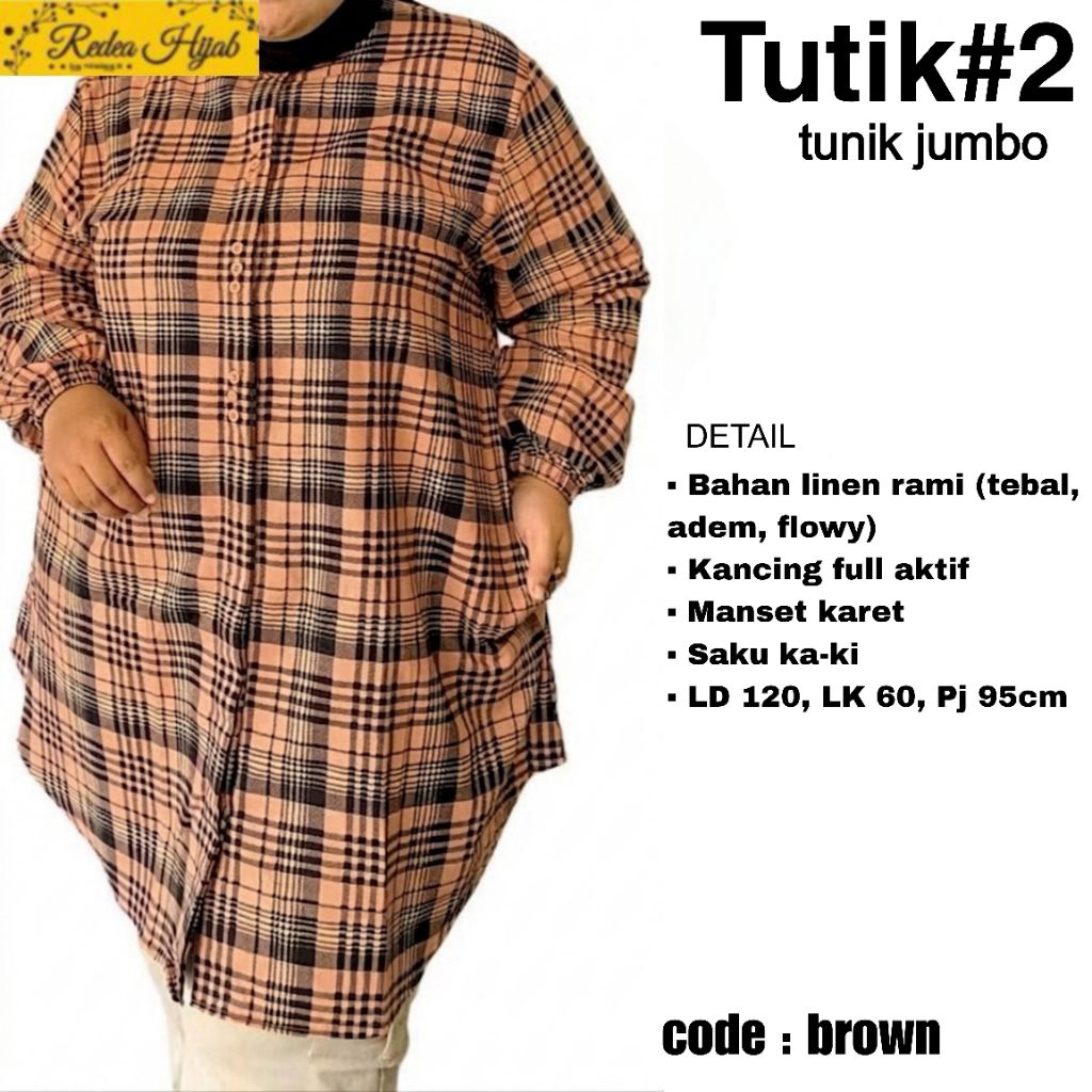 Atasan Wanita Muslimah Tunik#2 Jumbo Tunik Bahan Linen Rami Motif Kotak Allsize LD120 By Redea