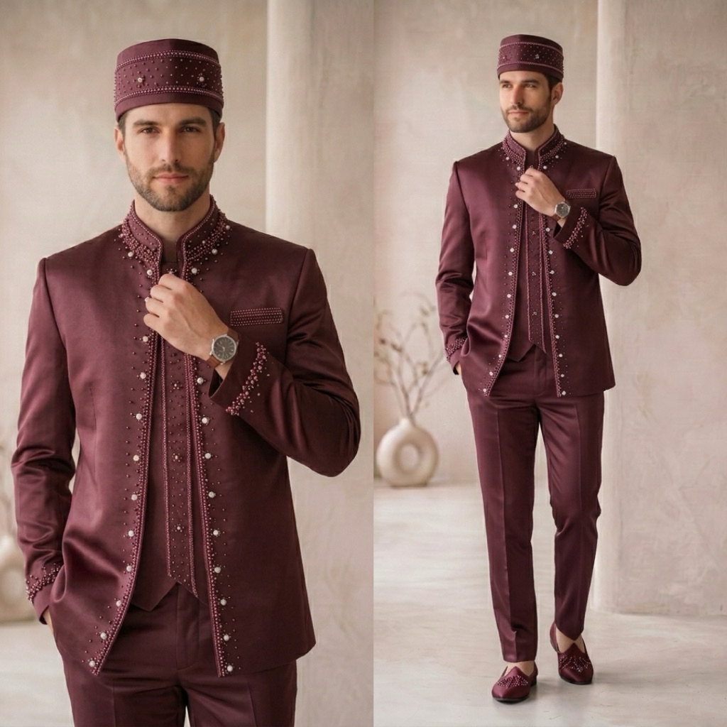 Beskap pengantin Burgundy | Basofi beskap pria pengantin mewah modern