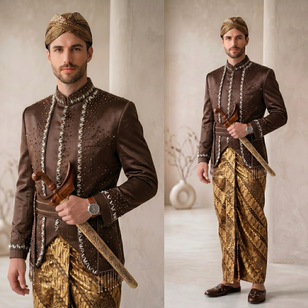 Beskap jawa pengantin pria lengkap 1 set | Beskap pengantin pria jawa putih payet premium