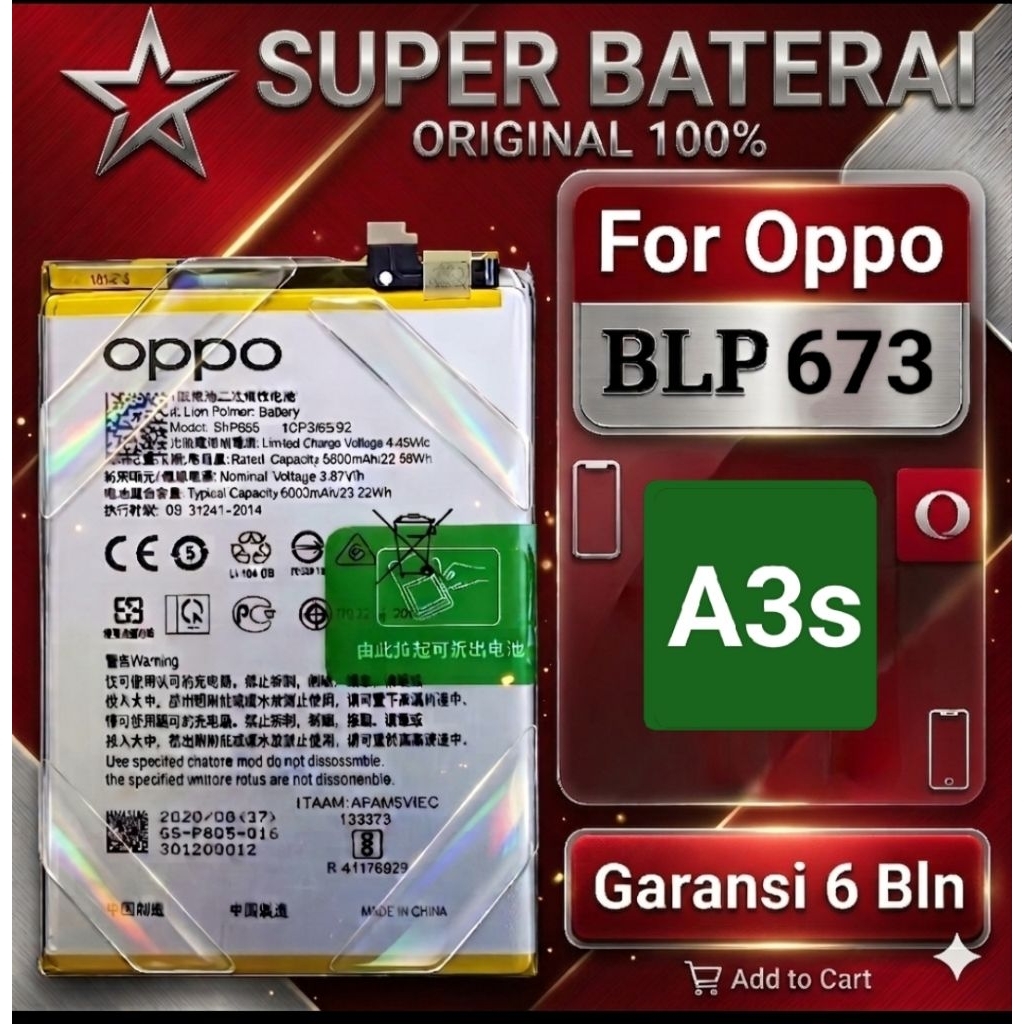 Baterai Oppo A3s Original+Obeng Dan Lem Blp 673