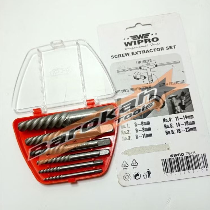 Tap balik baut patah set 6pcs wipro / screw extractor set 6pcs wipro / pembuka baut patah set wipro