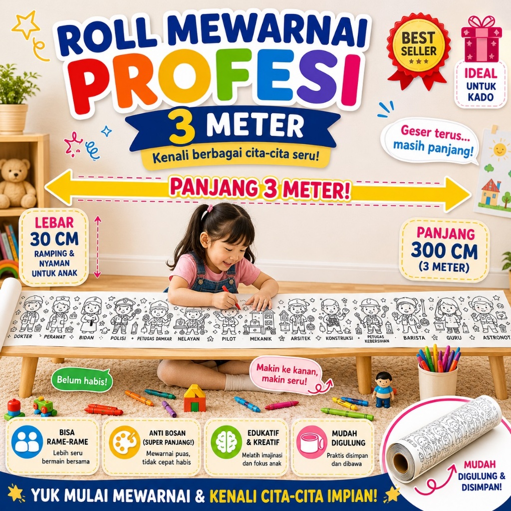 DSG - (MOTIF & TEMA BARU) Roll Kertas Mewarnai Anak Panjang 3 Meter/Kertas Mewarnai Jumbo Panjang Ro