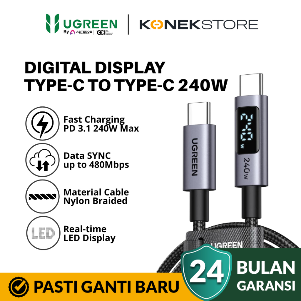 UGREEN Kabel Data PD Type C to Type C Digital Display Fast Charging 240W Max 5A Nylon Braided