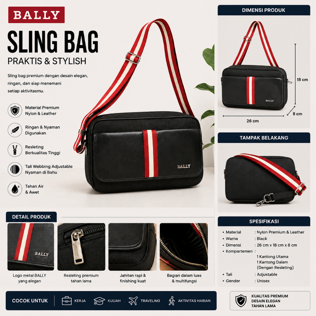 BALLY Sling Bag Pria Premium Tas Selempang Cowok Import Nylon Leather Waterproof Stylish Casual