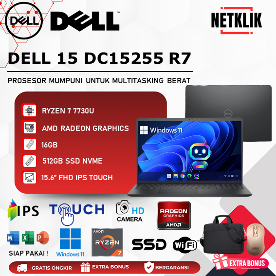 Baru Laptop DELL 15 DC15255 RYZEN 7 7730U 16GB/512GB IPS Touchscreen W11 Black