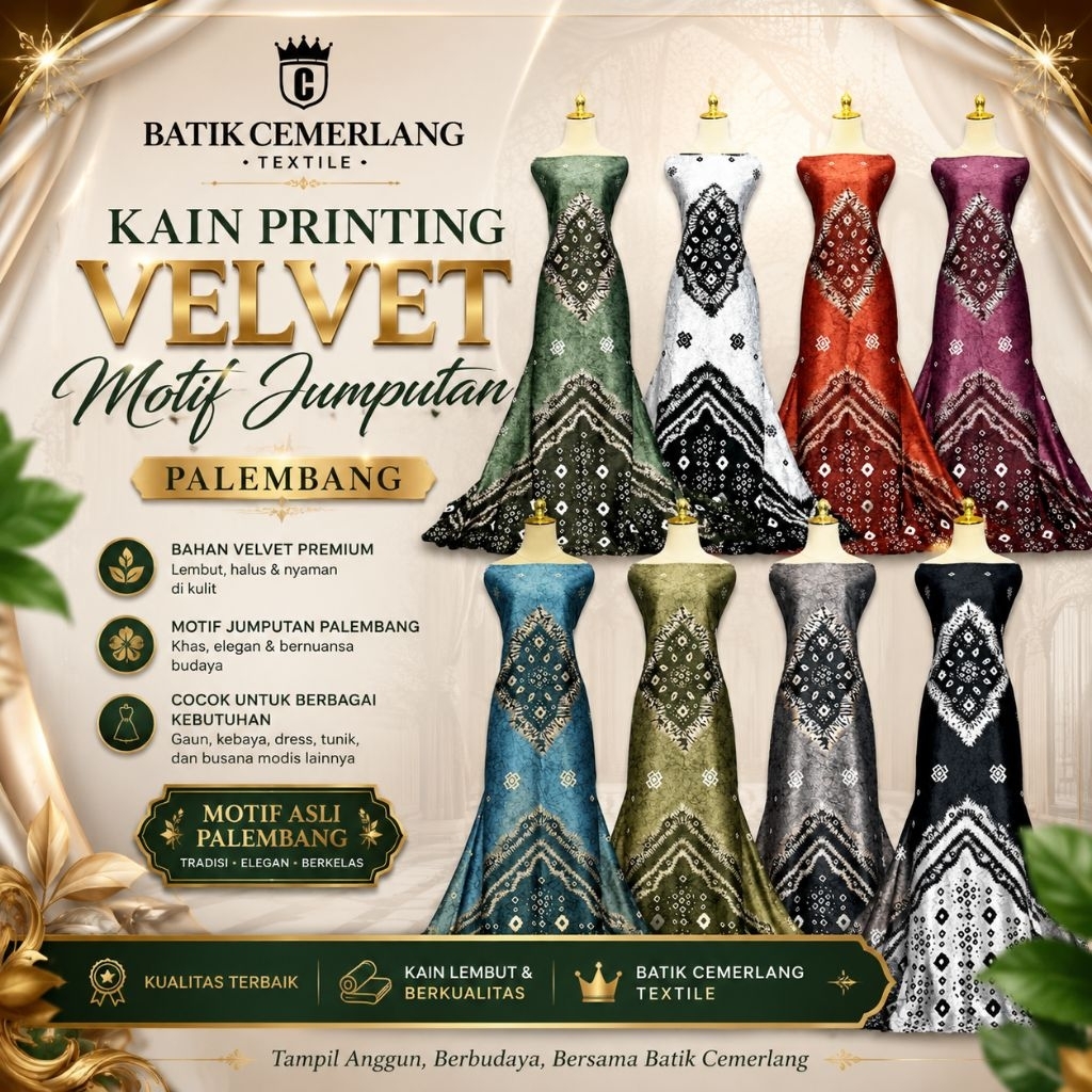 Bahan Kain Ethnik  Motif Jumputan Palembang Printing Saten Satin Silk Velvet Sutra Silk