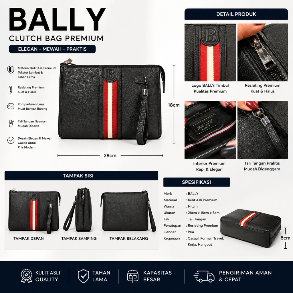 BALLY Clutch Bag Pria Import Premium Leather Tas Tangan Cowok Mewah Stylish
