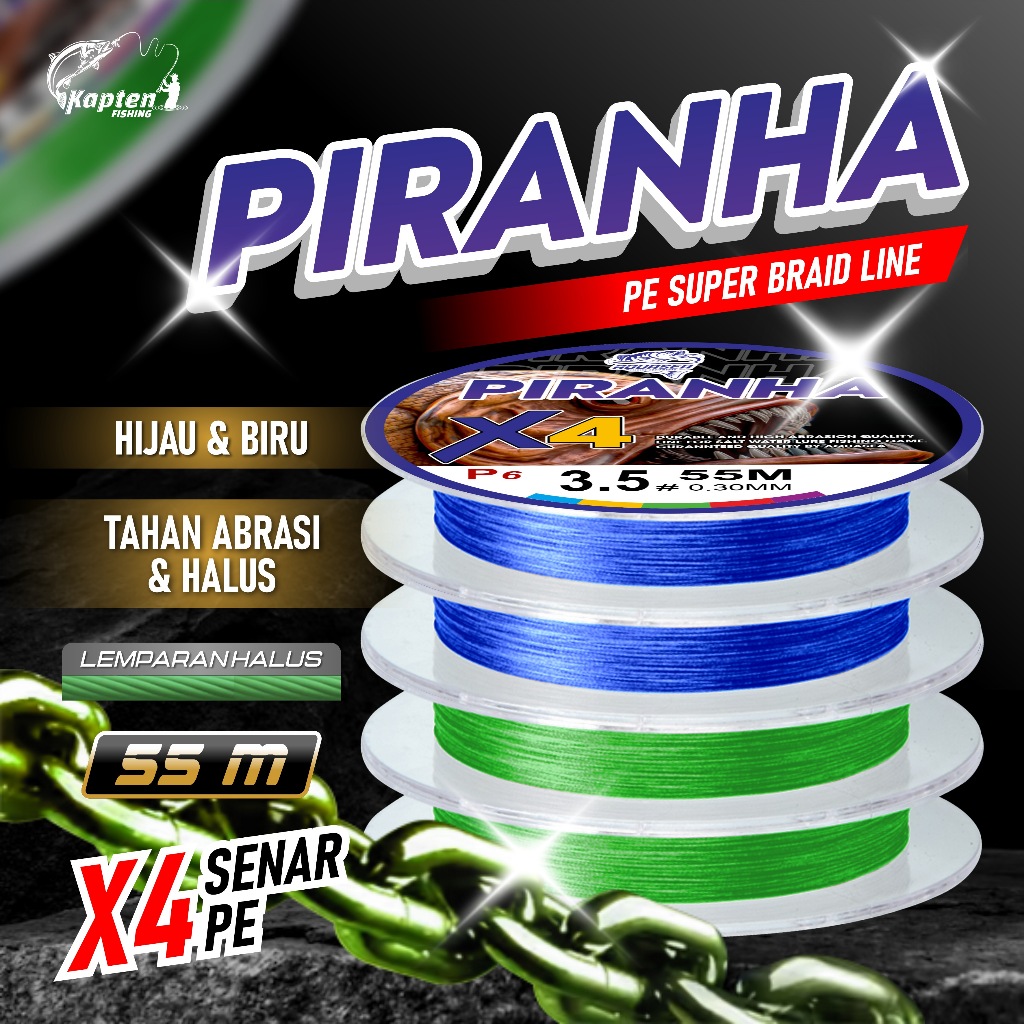 Kaptenfishing Senar Pancing PE X4 Piranha 55m Bahan PE benang pe senar pancing kuat anti keriting or