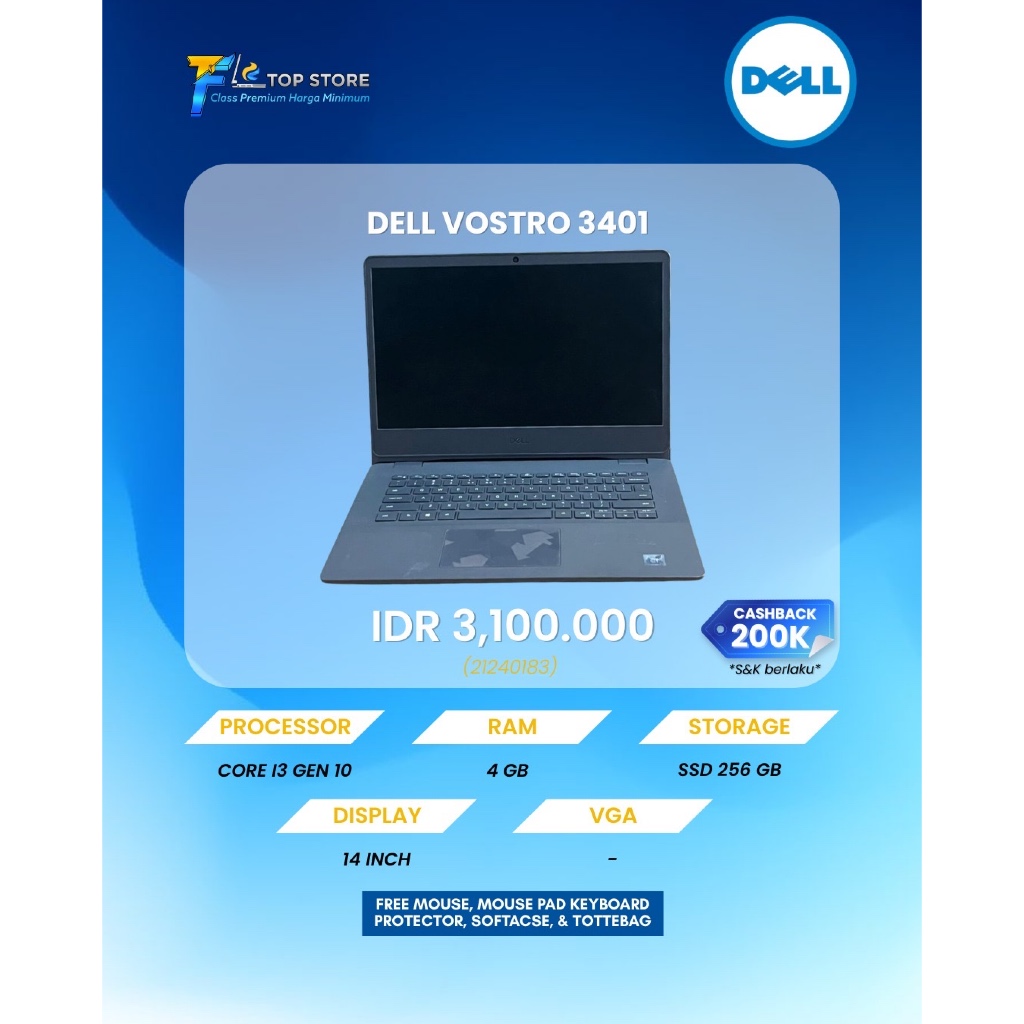 LAPTOP DELL VOSTRO 3401 INTEL CORE I3 GEN 10 RAM 4GB SSD 256GB | SIAP PAKAI