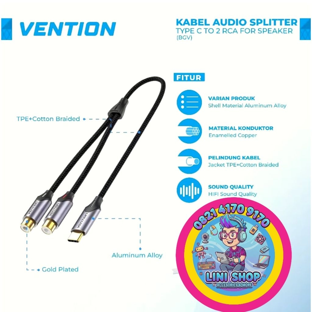 VENTION USB-C Male to Dual 2 RCA Female Cable Splitter audio - BGVHD