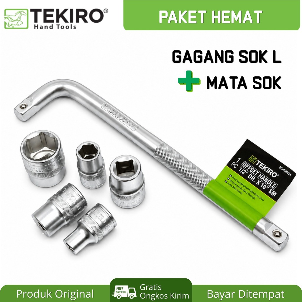TEKIRO Gagang Sok L 1/2" 10mm + Mata Sok 1/2" 6PT Offset Handle PAKET Kunci Set