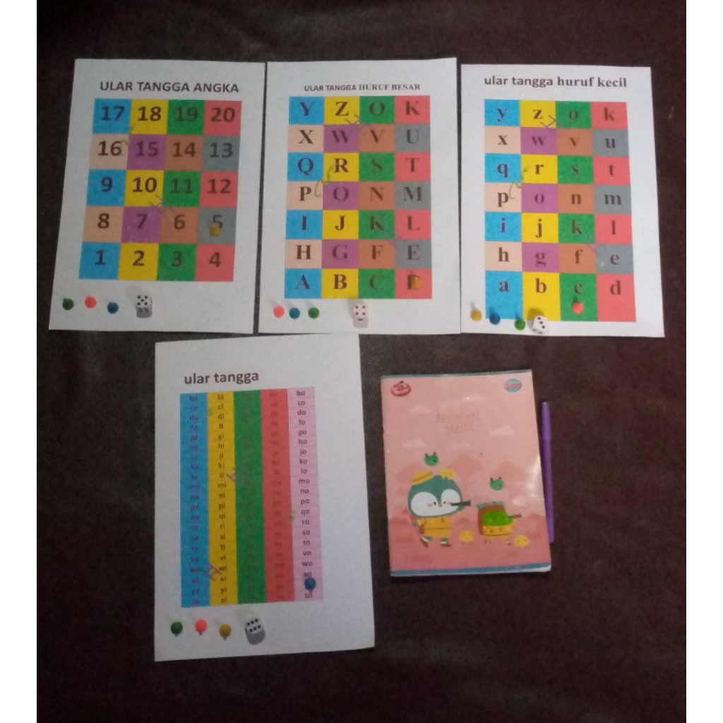 Media Ular Tangga 4 varian huruf kecil,  2 huruf, HURUF BESAR, ANGKA dan Free ( Dadu 4, Pion 16, Buk