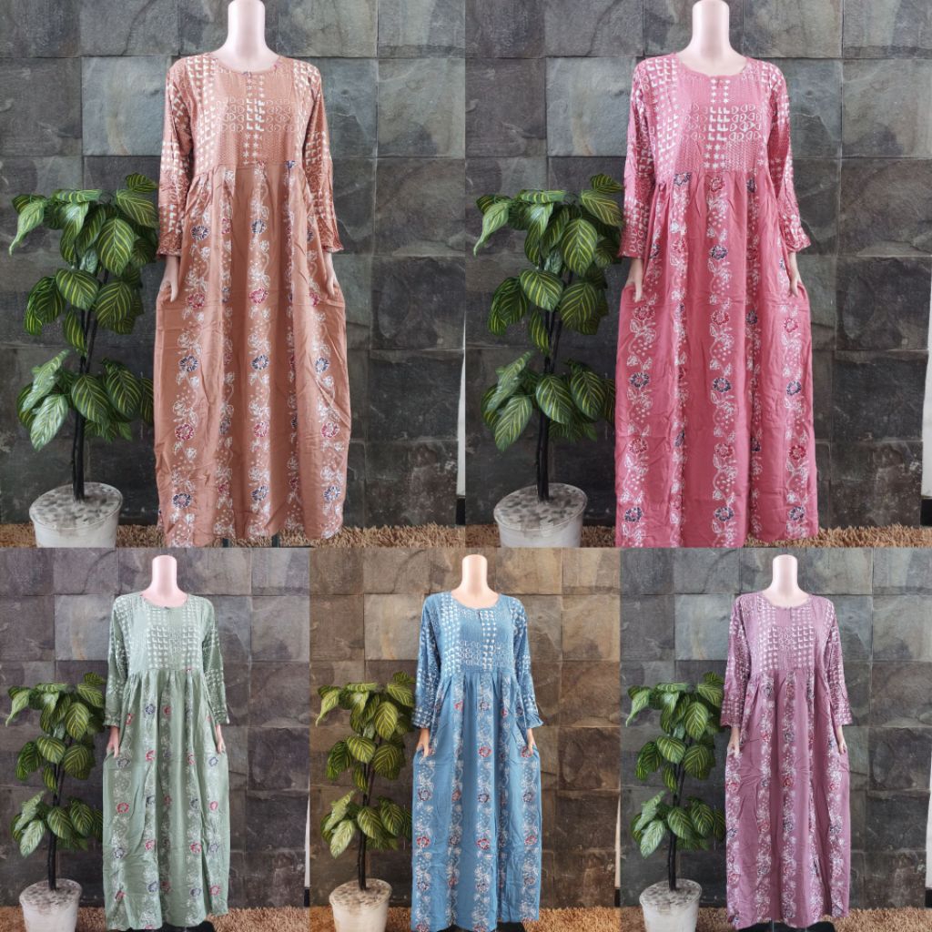 [ LD 104-112 CM ] Long Dress Batik Huza Batik Pekalongan ll  Daster Lengan Panjang Gamis Rayon Premi
