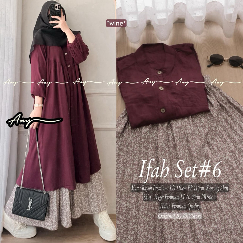 IFAH SET ORIGINAL BY ANY STORE oneset setrok setelan tunik polos rayon dan rok plisket bunga