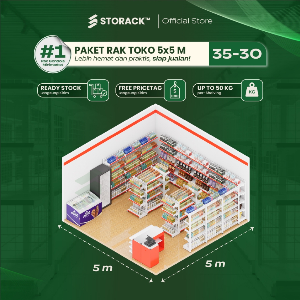 STORACK™ PAKET TOKO 5x5 Meter Rak Gondola Minimarket 35-30 Meja Kasir Toko 125cm