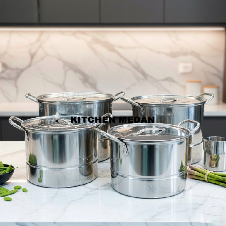 Set 4 Dandang Kukus Stainless Tebal Anti Karat Panci Kukusan Set Kuat Tahan Lama