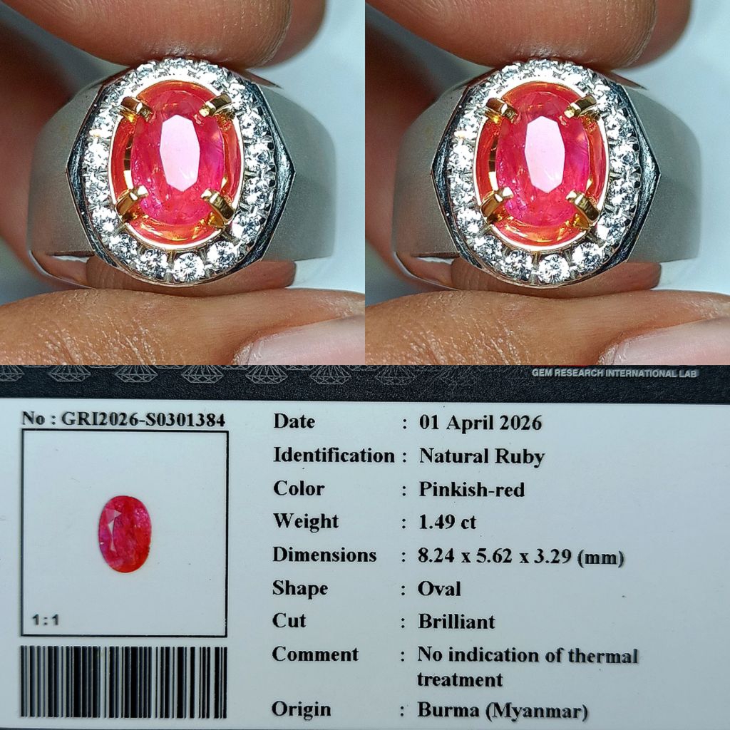 NATURAL PERMATA RUBY CORUNDUM BURMA 1.49 CARAT NO HEATED GOOD LUSTER PINKISH RED IKAT RING PERAK HAN