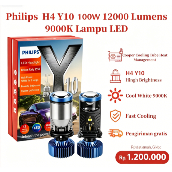 Philips Lampu LED H4 Y10 100W 12000 Lumens 9000K Super Terang
