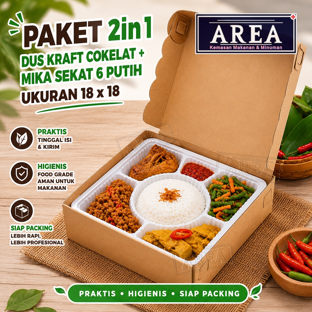 [2in1-PAKET-18x18] Dus Nasi + Mika Sekat 6 Putih Kotak Katering Hajatan, Tasyakuran, dan Aqiqah