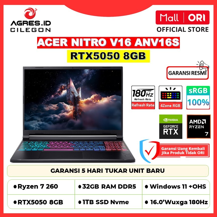 Acer Nitro 16S ANV16S | AMD Ryzen 7 260 | RTX5050 8GB | 32GB 1TB SSD | 16.0-inch Wuxga 180Hz 100% sR