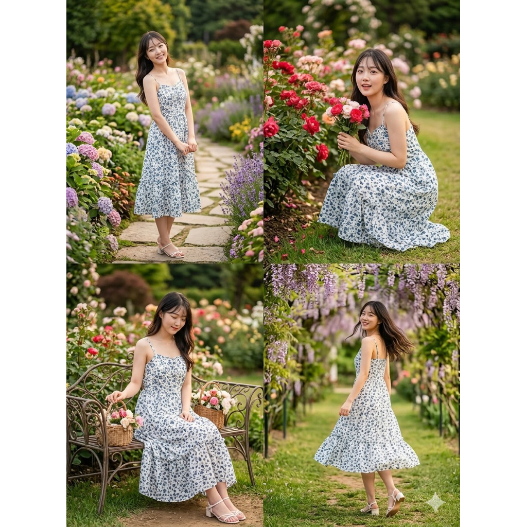DRESS OL PANTAI BUNGA MAWAR PUTIH BIRU VICTORY KOREANSTYLE BKK VINTAGE FAIRY