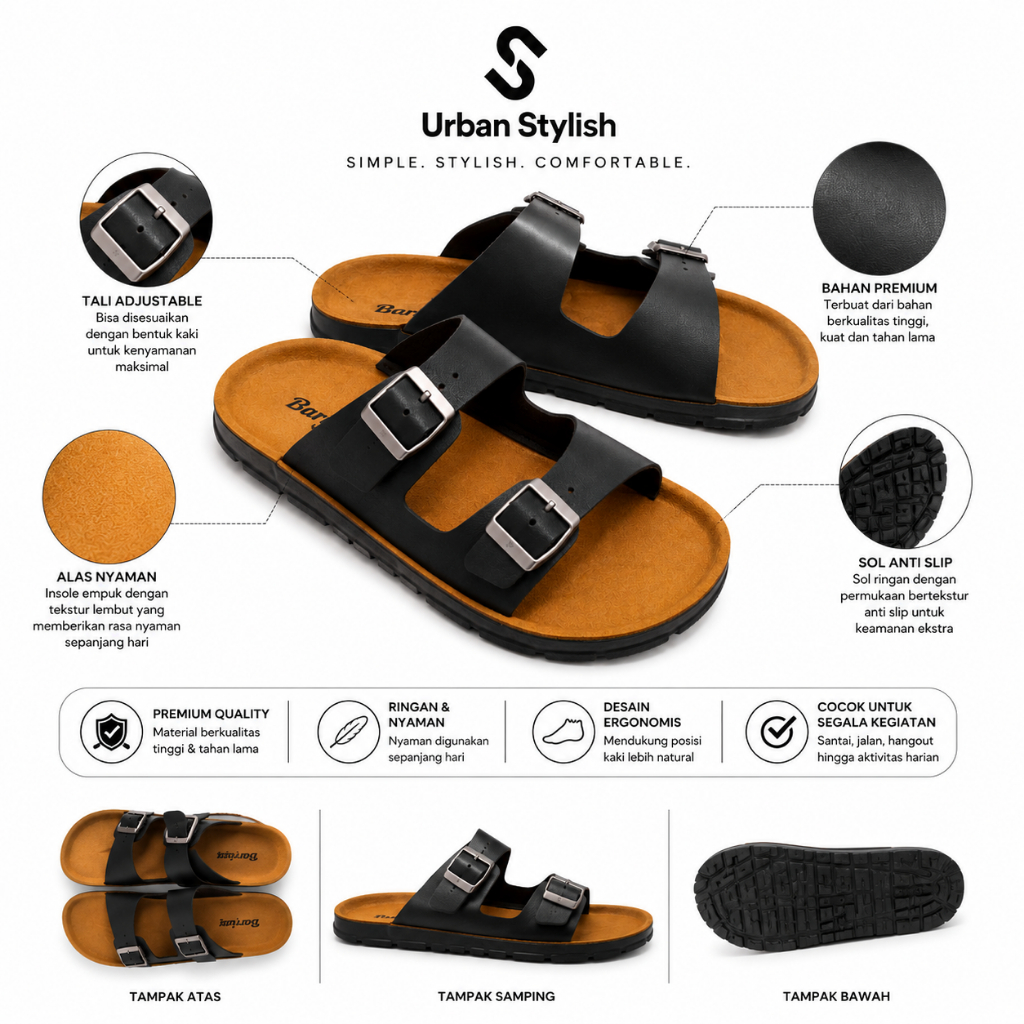 Sandal Pria BATA ENERGIZER Hitam Elegan Bahan Kulit Sandal Bata Selop Pria dan Wanita Model Terbaru